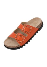Orange leather slide sandal with two gold chain-accented buckles, textured cork footbed, and black rubber sole with a wavy design.