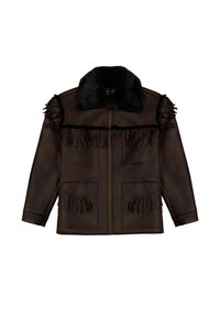 Veste en cuir marron avec un col en fausse fourrure noire, ornée de franges décoratives sur le devant et de deux poches avant. Fermeture à glissière.