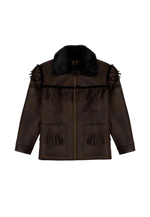 Brown leather jacket with a black faux fur collar, featuring decorative fringe along the front and two front pockets. Zipper closure.