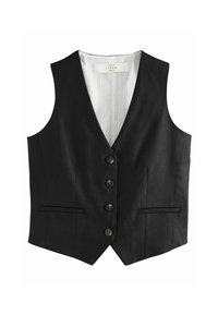Schwarze Leinenweste mit V-Ausschnitt, fünf braunen Knöpfen und zwei Fronttaschen. Das Innere ist mit einem vertikal gestreiften Muster versehen.