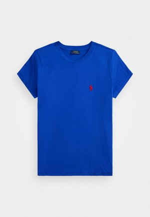 Short-sleeve t-shirt in bright blue cotton with crew neck and small red polo logo on the left chest. Smooth, solid fabric with no patterns.