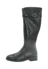 Botte en cuir noire hauteur genou avec un orteil arrondi, semelle plate et un détail de boucle à la cheville. Texture lisse et design minimal.