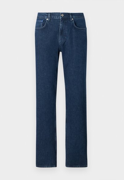 Jeans en denim bleu marine avec une coupe droite, dotés d'une fermeture à bouton à l'avant, de passants de ceinture et d'un design de poches standard.