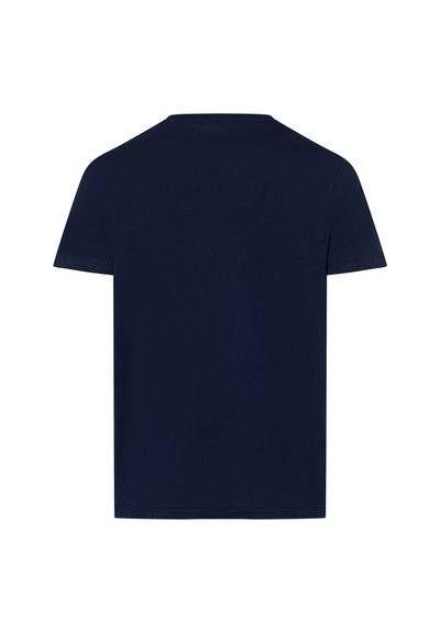 Effen marineblauw T-shirt met korte mouwen, gezien van de achterkant op een witte achtergrond.