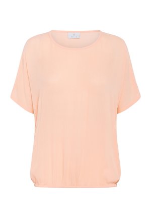 Blusa a maniche corte color pesca, tessuto leggero, scollatura rotonda, orlo elastico, texture liscia con un leggero lucore. Senza motivi o dettagli.