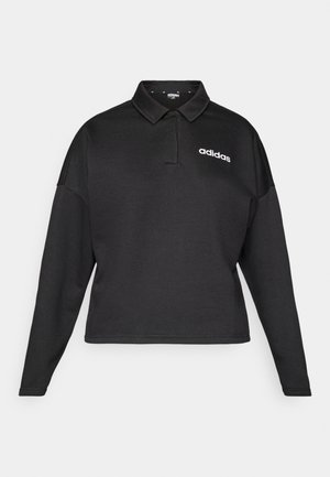 Black long-sleeve polo shirt made of soft fabric, featuring a classic collar, relaxed fit, and white Adidas logo on the left chest.