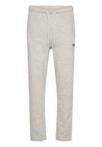 Hellgraue Jogginghosen aus weichem Stoff mit elastischem Bund, verstellbarem Kordelzug und einem kleinen schwarzen Logoakzent.