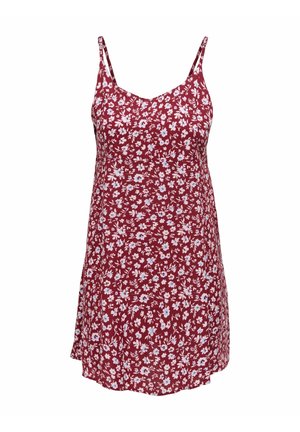 Ærmeløs kort kjole med tynde stropper, med rød bundfarve og lille hvid og lyseblåt blomsterprint.