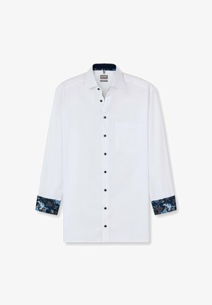 Weißes Hemd mit langen Ärmeln, blauen floralen Manschetten und schwarzen Knöpfen. Mit einer Brusttasche auf der linken Seite.
