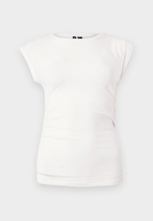 White short-sleeve fitted crew neck shirt on plain background, with slight side ruching detail.