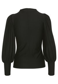 Blouse noire à manches longues vue de dos, avec une taille cintrée, des manches bouffantes et de larges poignets.