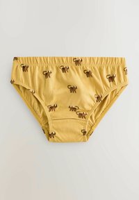 Žlté detské spodné prádlo s elastickým pásom, so zopakovaným vzorom malých hnedých tigrov. Mäkká tkanina, strih typu slip.