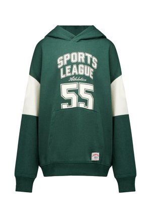 Groene capuchontrui met witte mouwpanelen, voorzak en tekst "Sports League Athletics 55" op de borst.