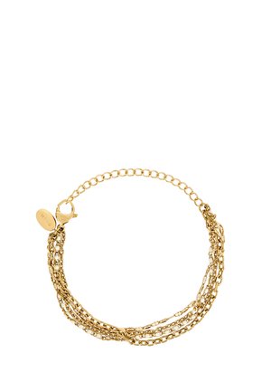 Meerkettige gouden armband met een verstelbare sluiting en een klein ovaal label, gegraveerd met "BREIL" op een witte achtergrond.