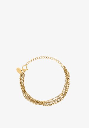 Multistrenget guldkædearmbånd med justerbar lås og et lille ovalt mærke gravert med "BREIL" på en hvid baggrund.