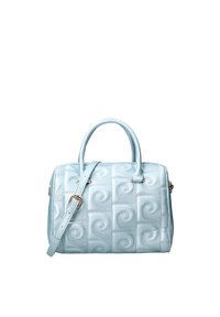 Borsa a mano di colore blu chiaro realizzata in pelle strutturata, con un motivo a spirale, due manici robusti e una tracolla staccabile con accessori in oro.