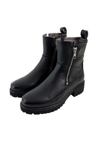 Zwarte leren enkellaarsjes met een textuurafwerking, voorzien van twee zijritsen en pull tabs, en een stevige zool voor stabiliteit.