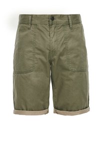 Shorts kaki en mélange de coton, dotés de deux poches avant, de revers en beige clair et d'une fermeture à bouton à la taille.