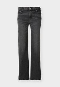 Μαύρο τζιν με bootcut, μπροστινές τσέπες, θηλιές για ζώνη και διακριτικές ξεθωριασμένες λεπτομέρειες στο ύφασμα.