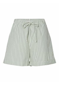 Shorts rayés vert clair avec un cordon de serrage à la taille, fabriqués en tissu doux. Caractéristiques de rayures verticales et d'un ourlet replié.