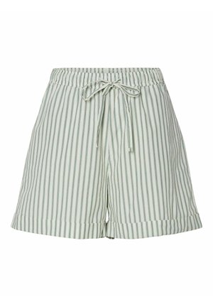 Pantalones cortos de rayas verde claro con cintura ajustable, hechos de una tela suave. Presentan rayas verticales y un dobladillo doblado.