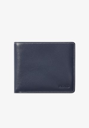 Donkerblauwe leren portemonnee met witte stiksels en het reliëflogo "PICARD" rechtsonder, gesloten tegen een witte achtergrond.