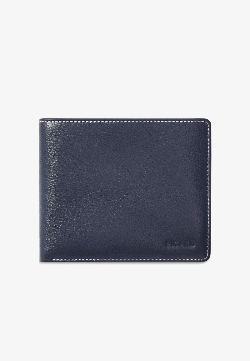 Dunkelblaues Lederportemonnaie mit weißer Naht und geprägtem "PICARD"-Logo in der unteren rechten Ecke, geschlossen vor weißem Hintergrund.