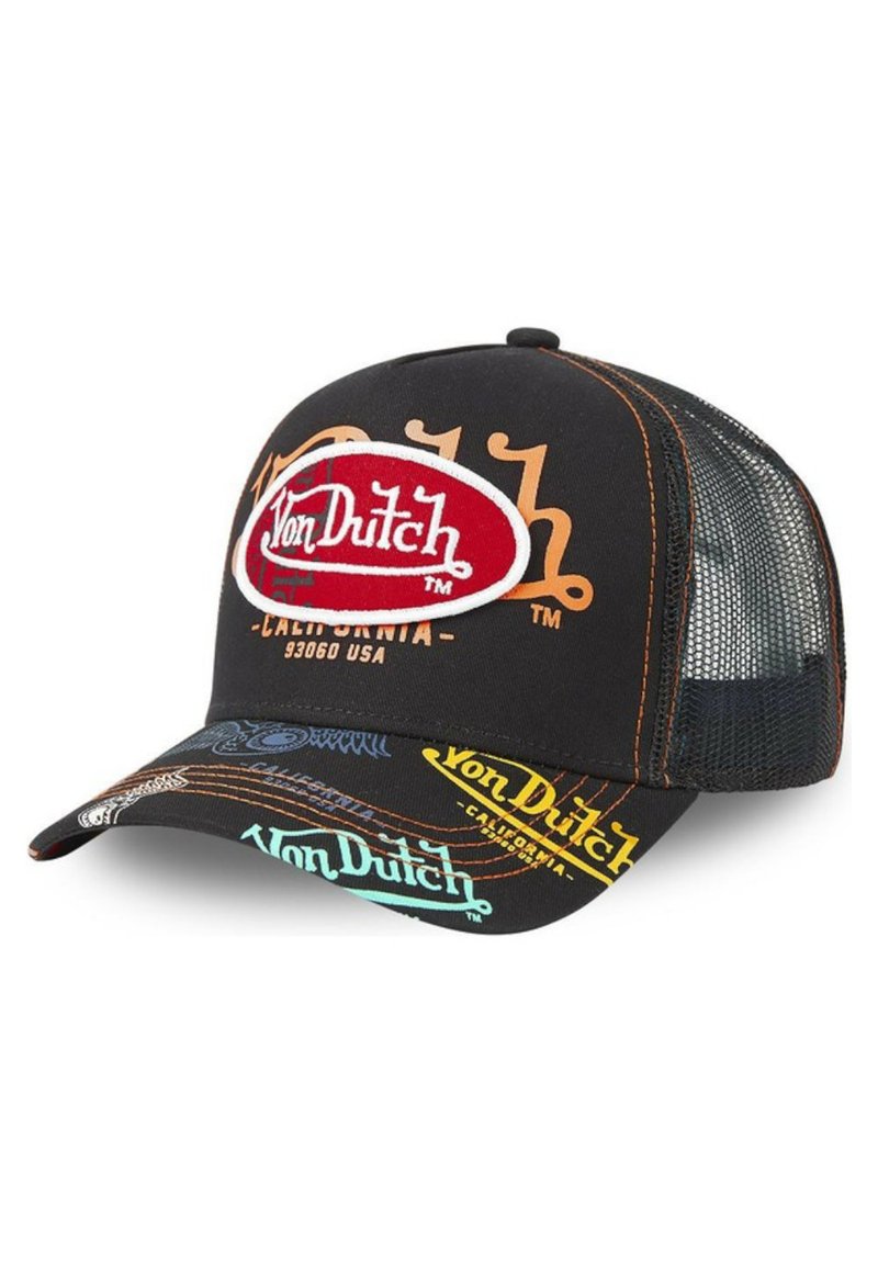 Casquette noire avec un dos en mesh, ornée d'un grand patch ovale rouge avec le logo "Von Dutch" et des motifs de texte colorés en bleu et orange sur la visière.