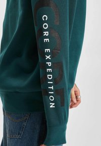 Grønn hettegenser med lange ermer, med stor tekst "CORE EXPEDITION" på venstre erme. Mykt stoff og ribbestrikkede mansjetter.