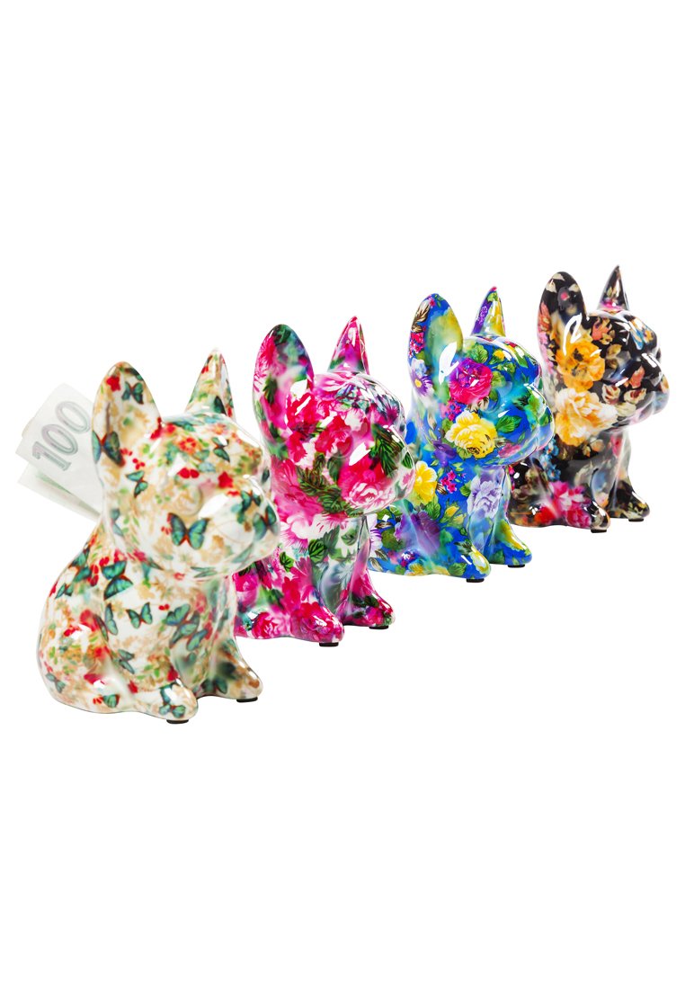 Quatre figurines de chien au motif floral, chacune avec une finition brillante. Les couleurs incluent le blanc, le rose, le bleu et le noir avec des motifs floraux détaillés.