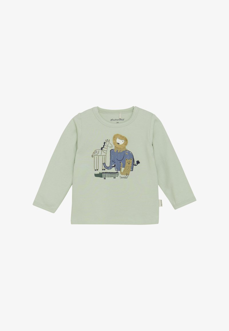 Hellgrünes Langarmhemd mit Grafik eines Löwen, Hundes und Zebras. Hergestellt aus weicher Baumwolle mit Rundhalsausschnitt und lässiger Passform.