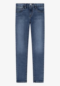 Mörkblå denimjeans med slim fit. Funktioner inkluderar knappstängning, femfickorsdesign och subtila blekningar på framsidan.