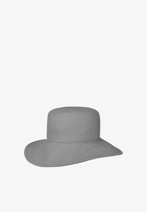 Wide-brimmed gray bucket hat with soft fabric and rounded flat top, designed for sun protection.
