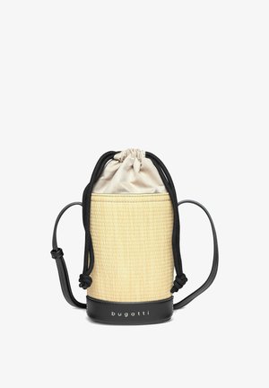 Small beige woven drawstring bag with black straps and base, branded "bugatti" on the bottom front.