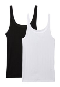 Deux débardeurs : un noir et un blanc. Les deux sont en tissu côtelé, avec des bretelles fines et une encolure dégagée classique.