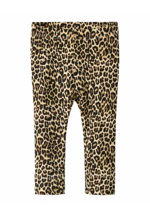 Børneleggings med elastisk taljebånd, med et beige og sort leopardprint.