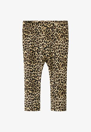 Kinderleggings mit elastischem Bund, versehen mit einem beigen und schwarzen Leopardenmuster.
