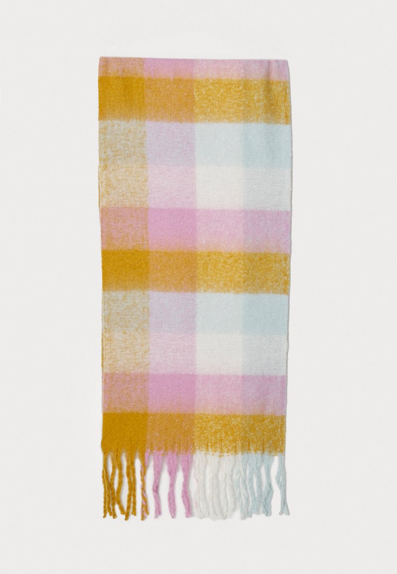 Υφαντό κασκόλ σε παστέλ αποχρώσεις: κίτρινο, ροζ και μπλε. Διαθέτει καρό μοτίβο με φραγκοσυκιές στις άκρες. Φτιαγμένο από μαλακό, υφασματοποιημένο υλικό.