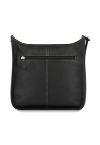 Schwarze Ledertasche für die Schulter mit strukturiertem Finish, ausgestattet mit einer Vorderreißverschlusstasche und einfachen Nähdetails. Kompakte und rechteckige Form.