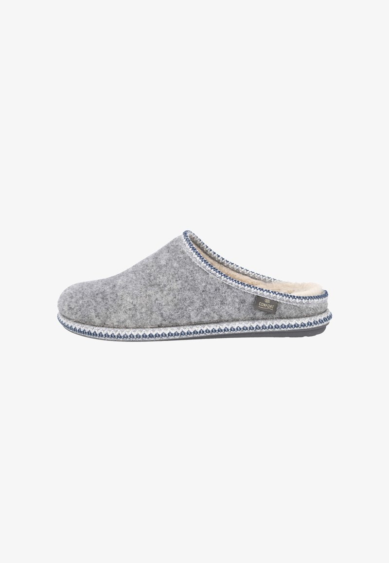 Zapatilla de casa gris con un forro suave, parte trasera abierta y costuras decorativas en azul marino a lo largo de los bordes. Presenta una etiqueta con el logo en el lateral.
