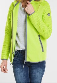 Svetle zelená bunda s kapucí, prošívaná textura na rukávech, šedé zipy a akcenty. Má boční kapsy a rovný střih.