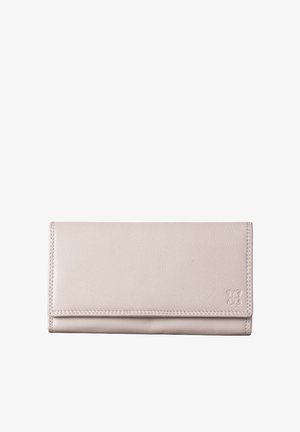 Light beige leather wallet with a smooth texture, fold-over design, and subtle embossed logo detail at the bottom right corner.