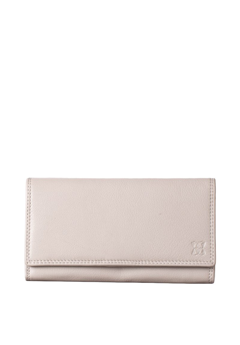 Light beige leather wallet with a smooth texture, fold-over design, and subtle embossed logo detail at the bottom right corner.