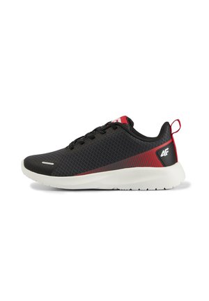 Czarno-czerwony sportowy sneaker z białą podeszwą, siateczkową cholewką, pętelką na pięcie oraz logo "4F" przy pięcie i języku.