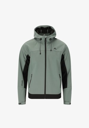 Softshell-Jacke in gedämpftem Grün mit schwarzen Akzenten. Verfügt über eine Kapuze, zipbare Taschen und verstellbare Kordeln. Glatte Textur und taillierte Passform.