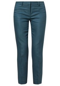 Teal op maat gemaakte broek met een gladde textuur, slim fit, riemlussen en een ritssluiting. Beschikt over zijzakken en subtiele stikseldetails.