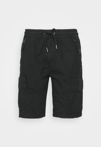 Pantalones cortos de carga negros hechos de tela ligera. Cuentan con una cintura elástica con cordón, múltiples bolsillos y un diseño de ajuste relajado.