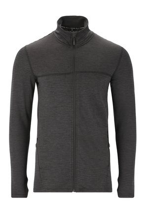 Donkergrijze ritsjack met hoge kraag, ribbeltextuur en zijzakken. Heeft een gladde afwerking en contrasterende naden. Lichte uitvoering.