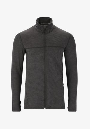 Donkergrijze ritsjack met hoge kraag, ribbeltextuur en zijzakken. Heeft een gladde afwerking en contrasterende naden. Lichte uitvoering.