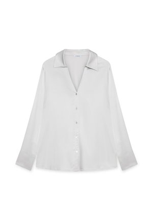 Blouse à manches longues, gris pâle, fabriquée en tissu lisse, dotée d'un col pointu, d'une fermeture à boutons et d'une légère brillance. Coupe classique.